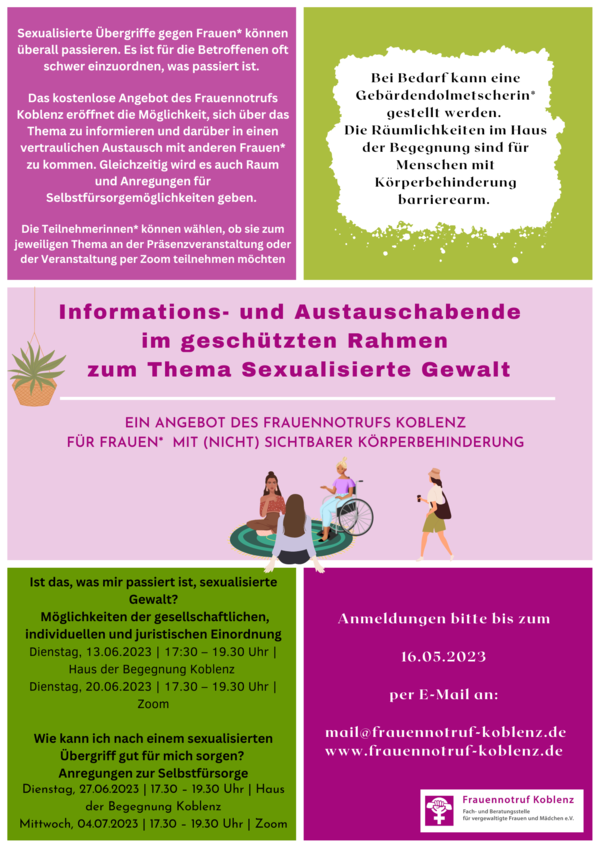 Plakat zu Themenabenden rund um sexualisierte Gewalt. Veranstaltung vom Frauennotruf Koblenz.