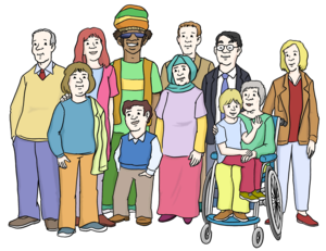 Ein Gruppe von Menschen unterschiedlichen Alters und aus verschiedenen Ethnien. Ein behinderter Mensch ist Teil der Gruppe.